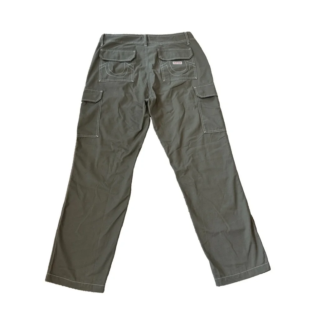 Men's True Religion Size 34 Olive Green Y2K Cargo Denim Wide Leg Gorpcore Jeans